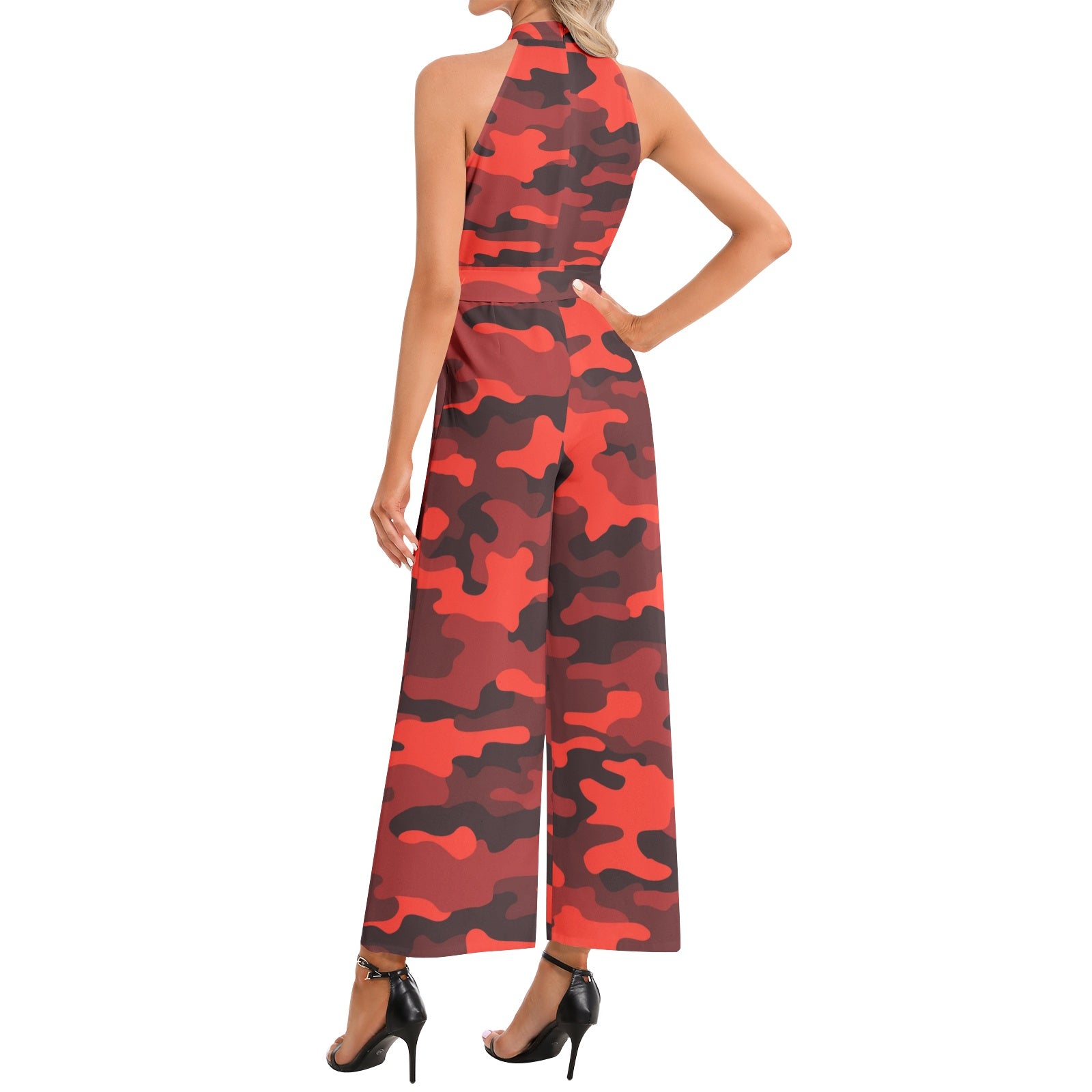 Camo Jumpsuit | Belted Halter Neck | Scarlet Red and Black