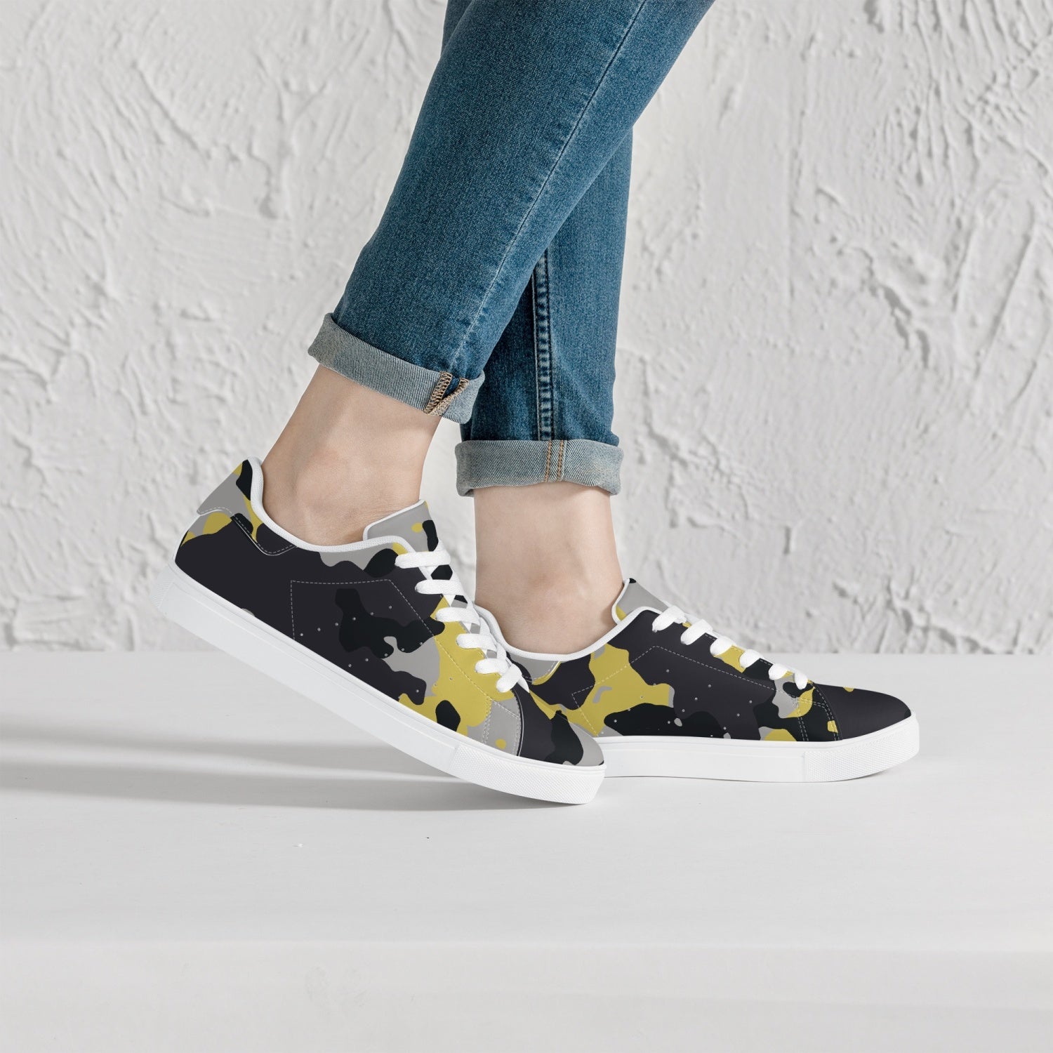 Camo Sneakers | Classic Low-Top Leather | Yellow, Black, & Silver