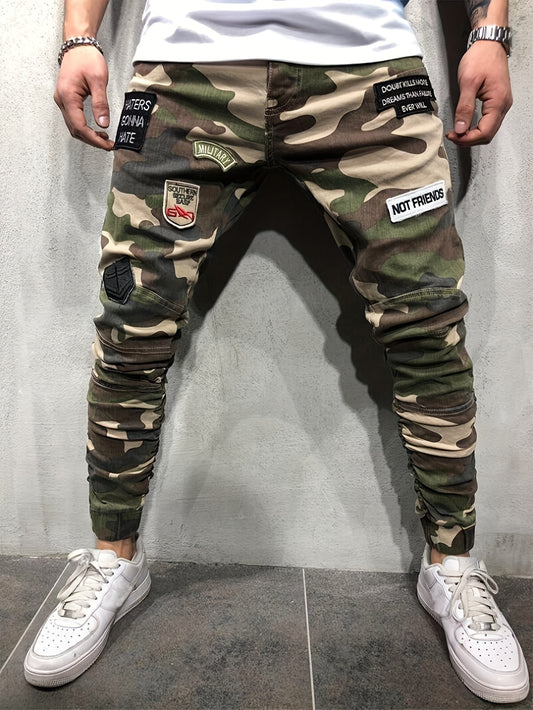 Men's Slim-Fit Camo Jeans with Embroidered Patches