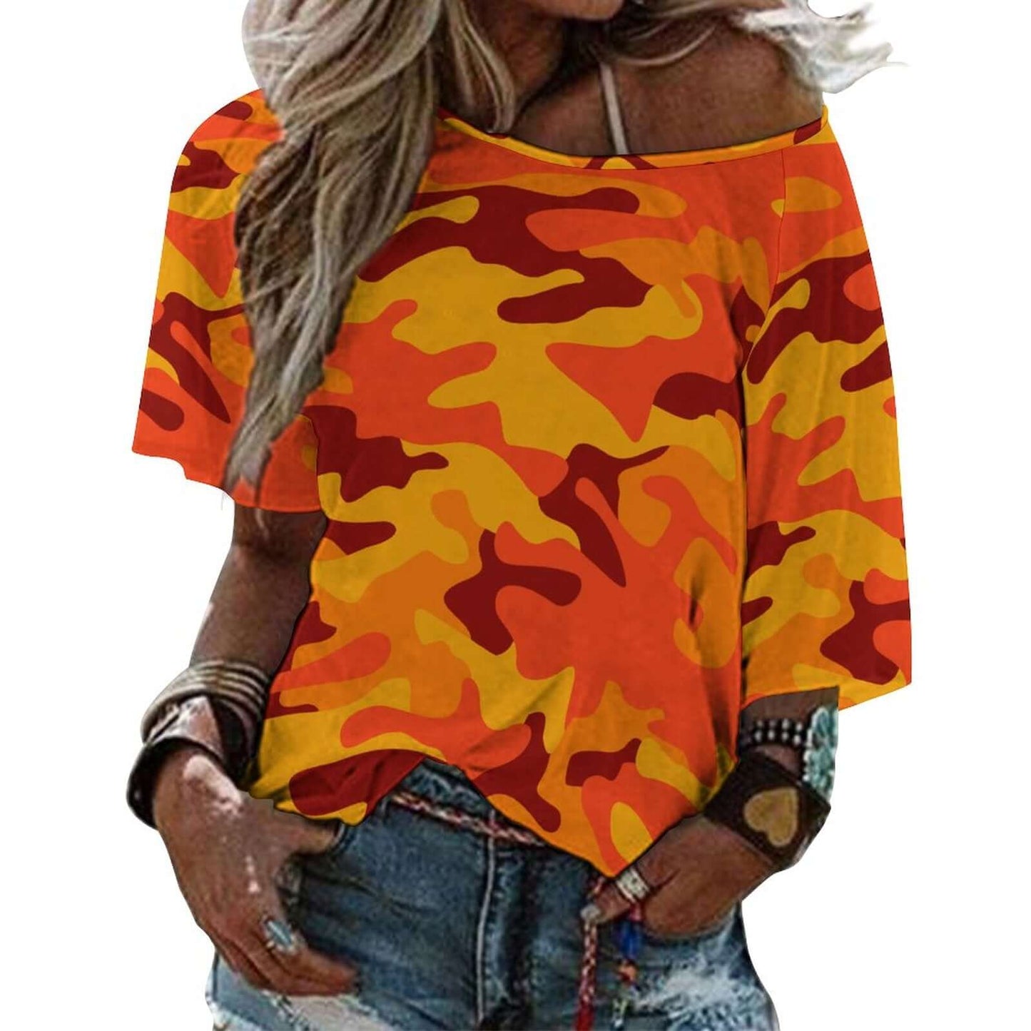 Off The Shoulder Top | Orange & Red Camo Shirt