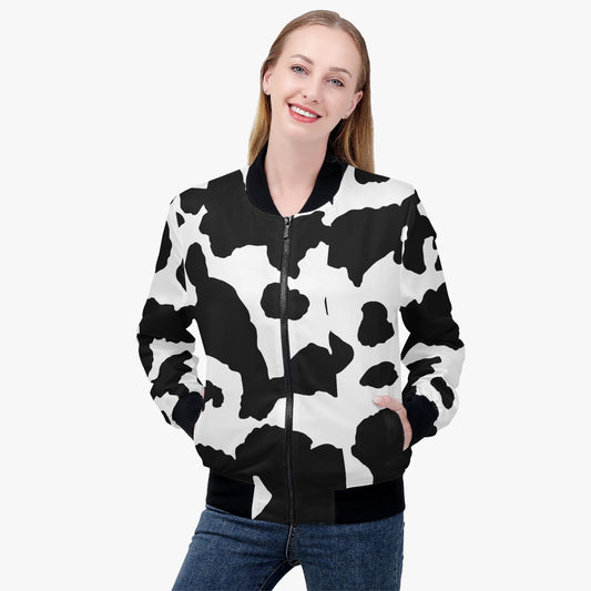 Women's Camo Bomber Jacket | Black and White Cow Print