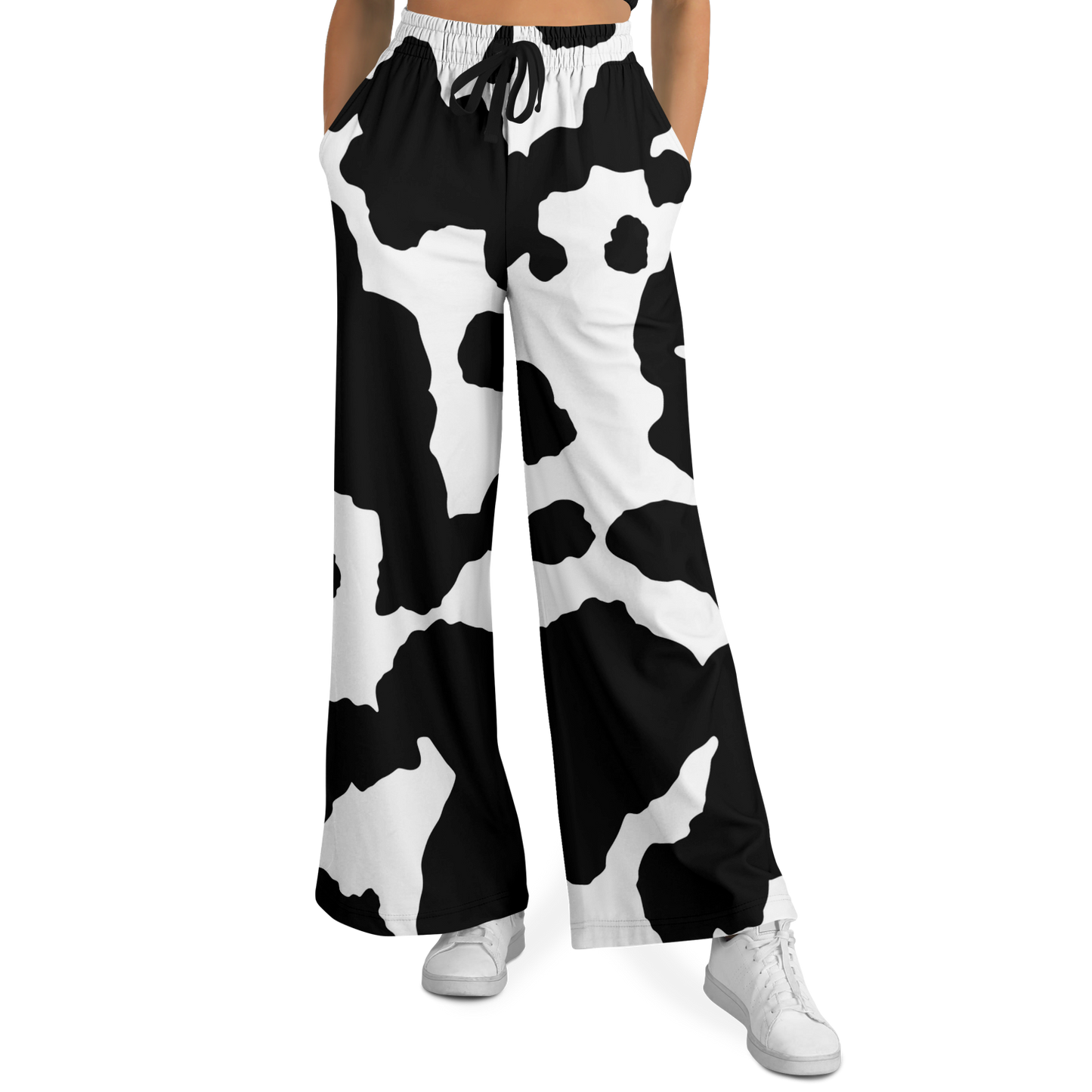 Camo Wide Leg Pants | Black & White Cow Camouflage