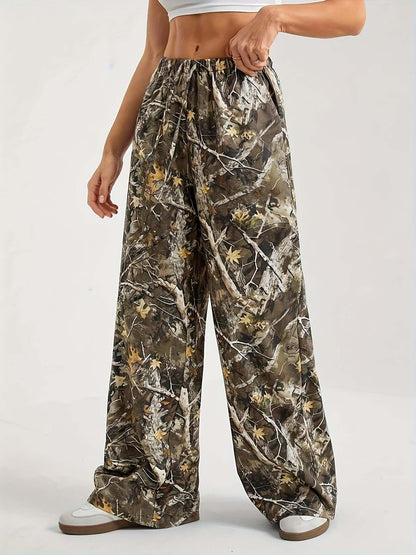 Army Green Plant Flower Camo Wide Leg Pants | Elastic Waist