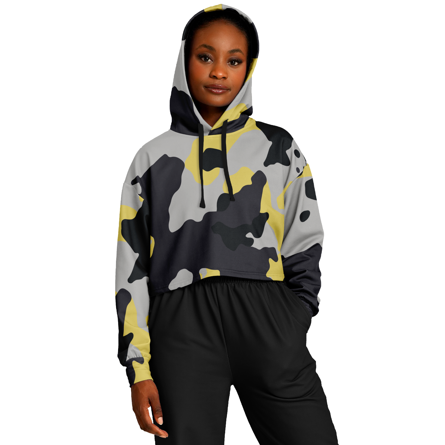 Cropped Hoodie For Women | Yellow, Black & Silver Camouflage