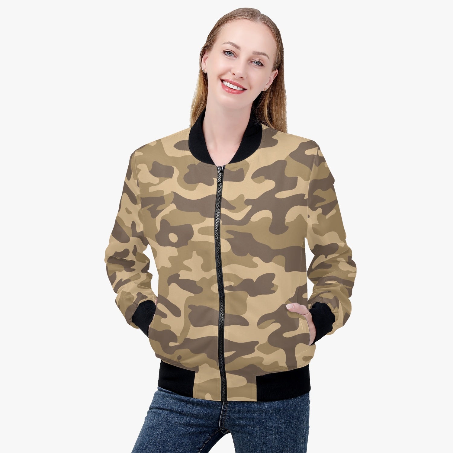 Women's Camo Bomber Jacket | Khaki Camouflage