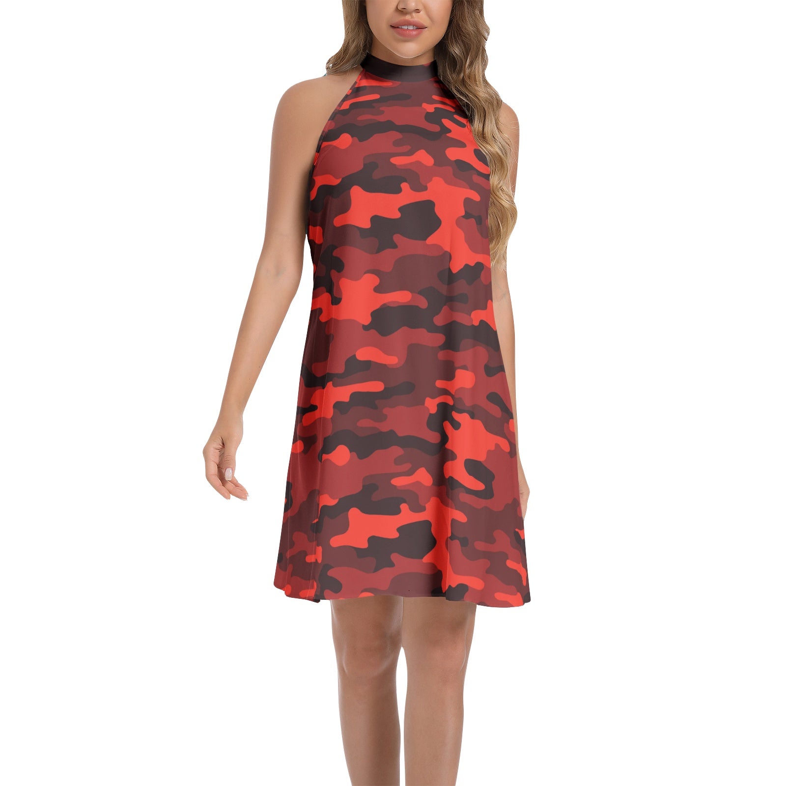 Flared Camo Dress | Halter Neck | Scarlet Red and Black