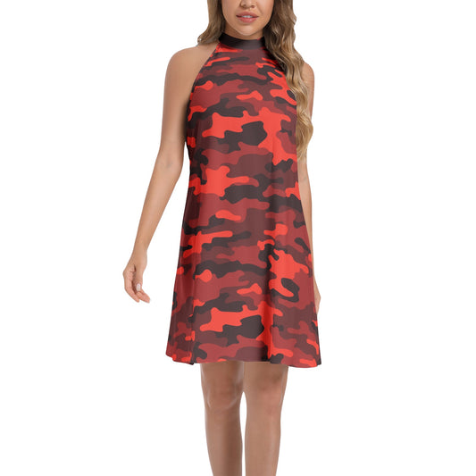 Flared Camo Dress | Halter Neck | Scarlet Red and Black