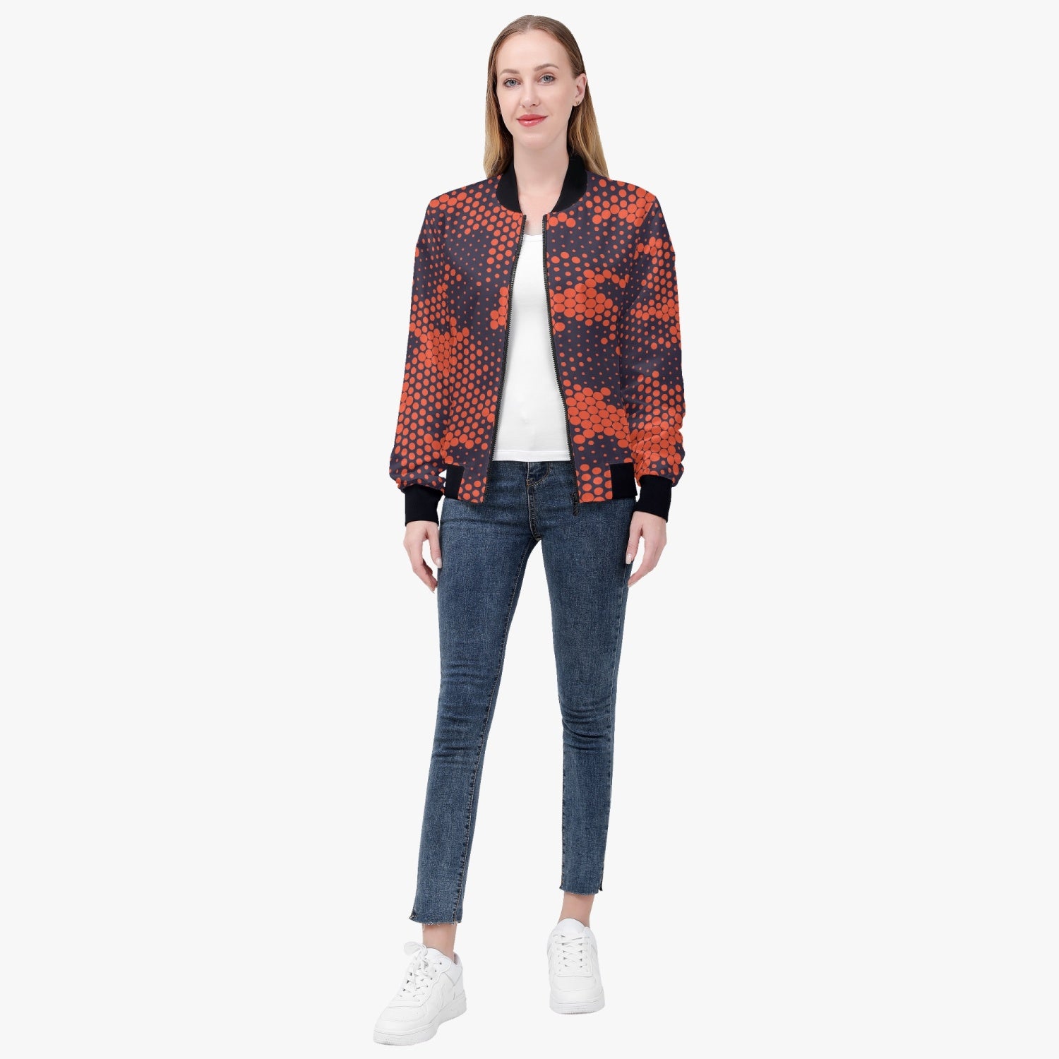 Women's Camo Bomber Jacket | Orange and Blue Digital