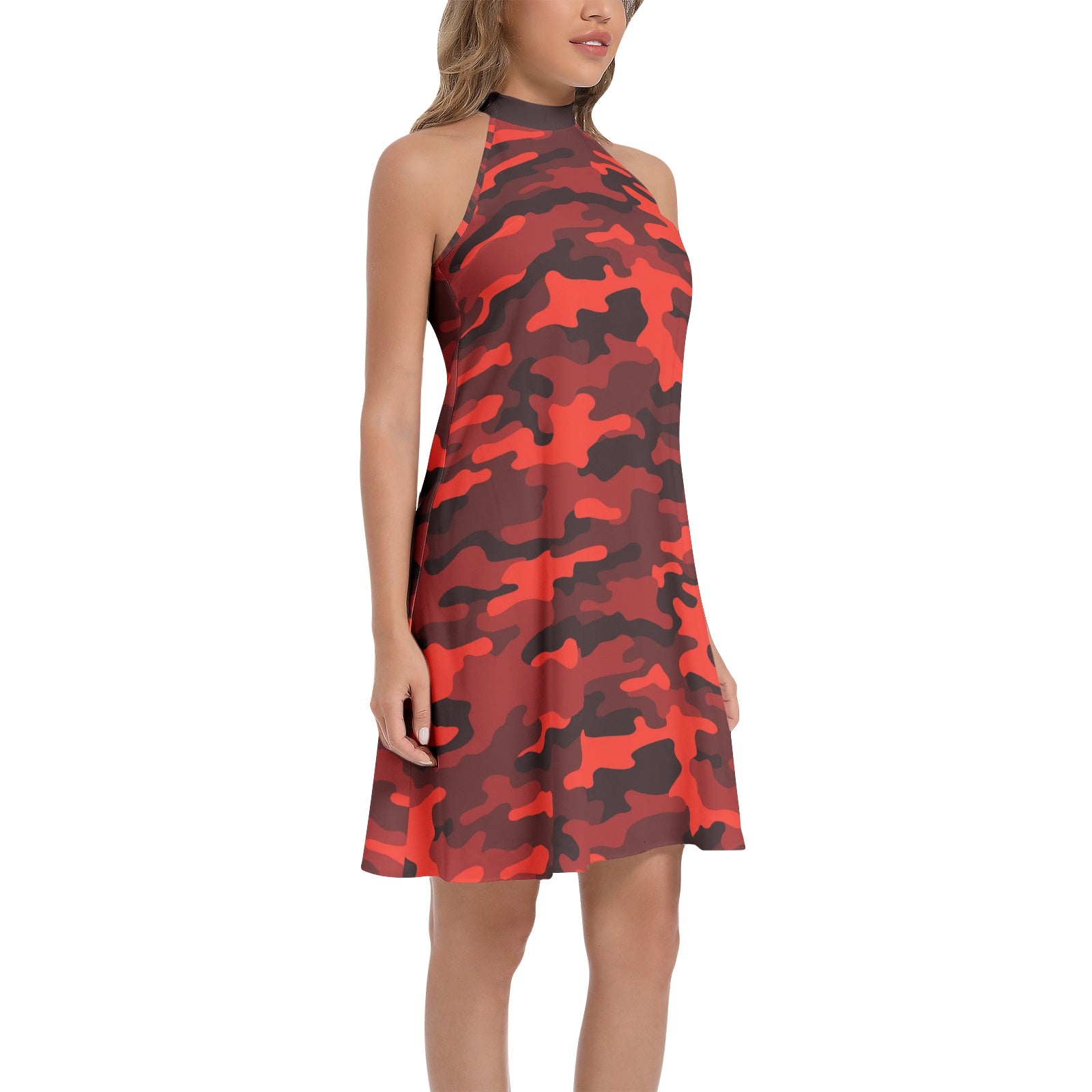 Flared Camo Dress | Halter Neck | Scarlet Red and Black