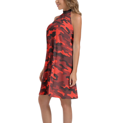 Flared Camo Dress | Halter Neck | Scarlet Red and Black