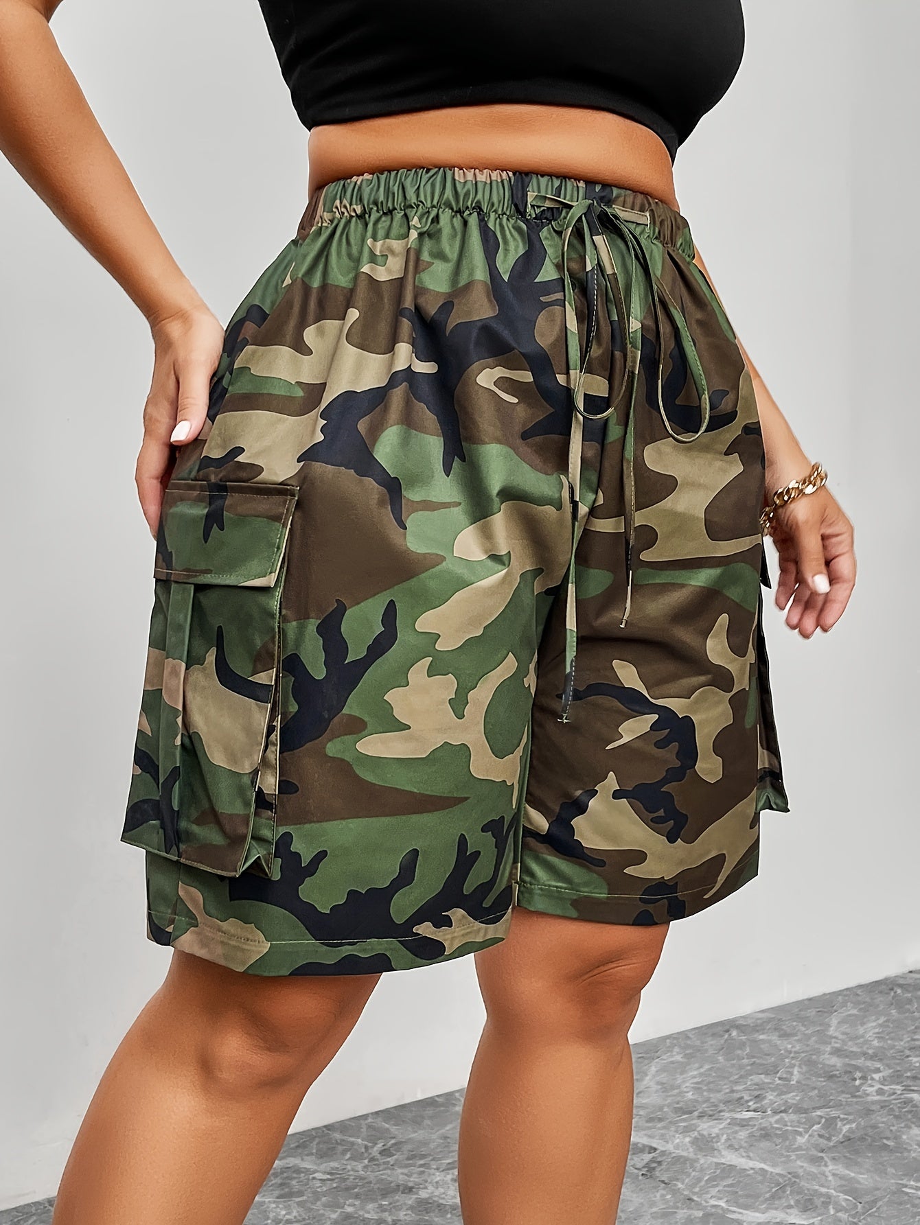 Women's Plus Size Camo Shorts: Elastic Waist, Non-Stretch Polyester