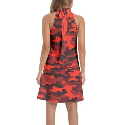 Flared Camo Dress | Halter Neck | Scarlet Red and Black