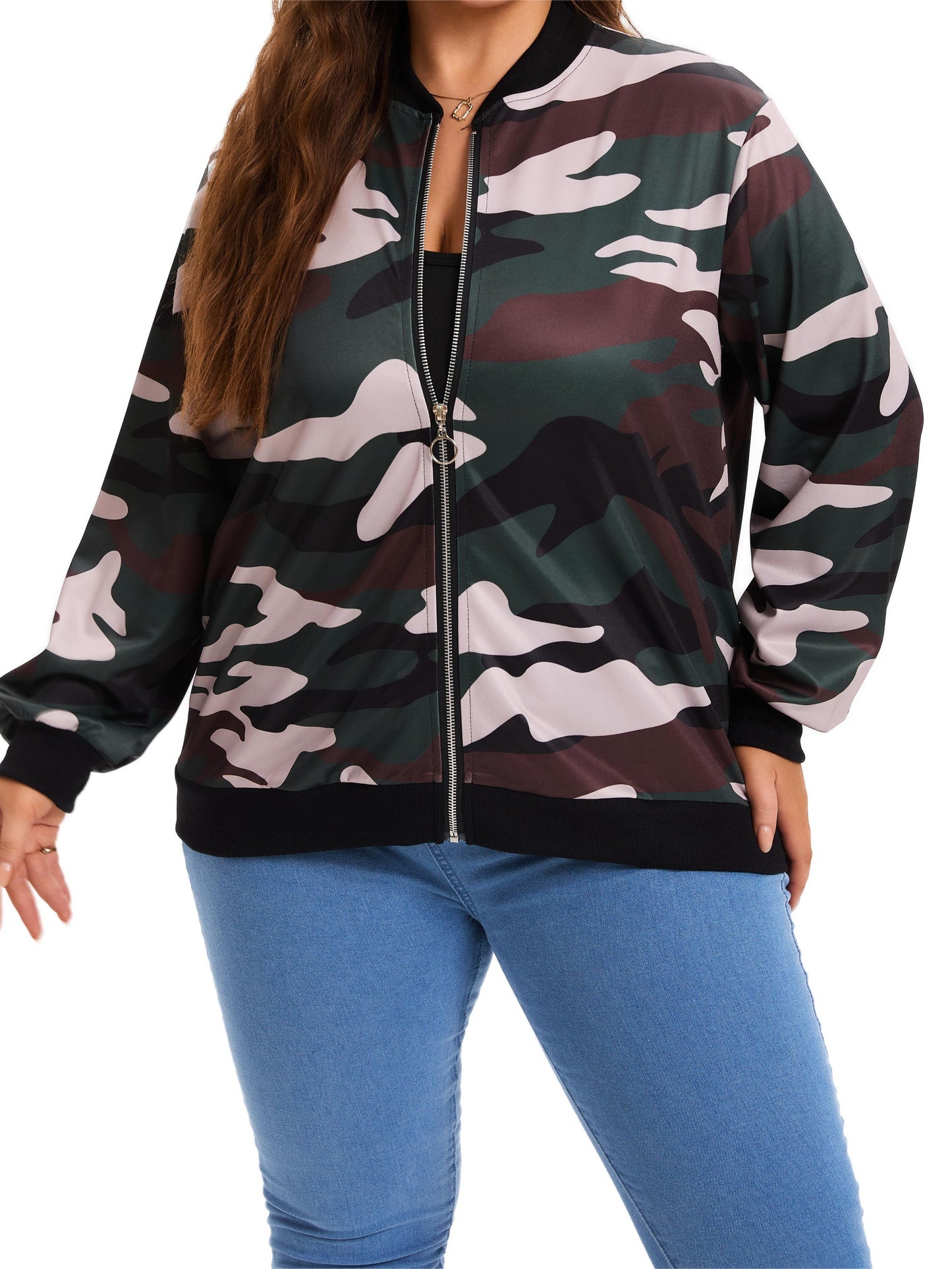 Plus Size Camo Coat | Casual Long Sleeves with Zipper