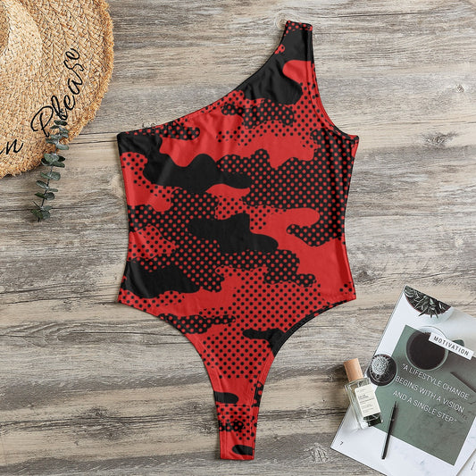 One-Shoulder Bodysuit | Red Pixel Camouflage