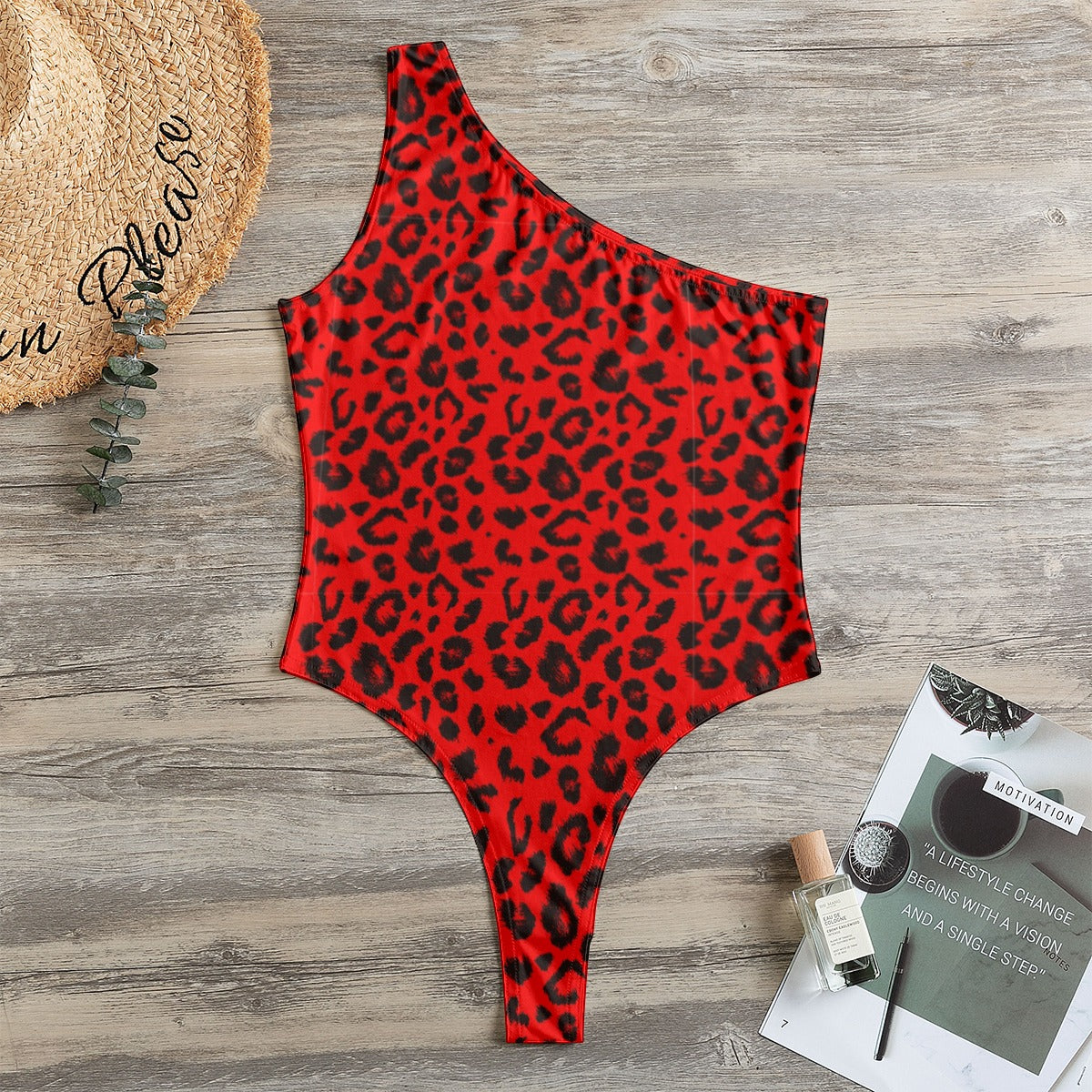 One-Shoulder Bodysuit | Red and Black Leopard Print