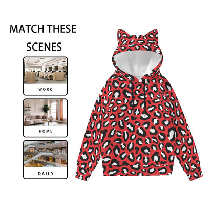 Leopard Hoodie With Cat's Ears | Red, Black and White