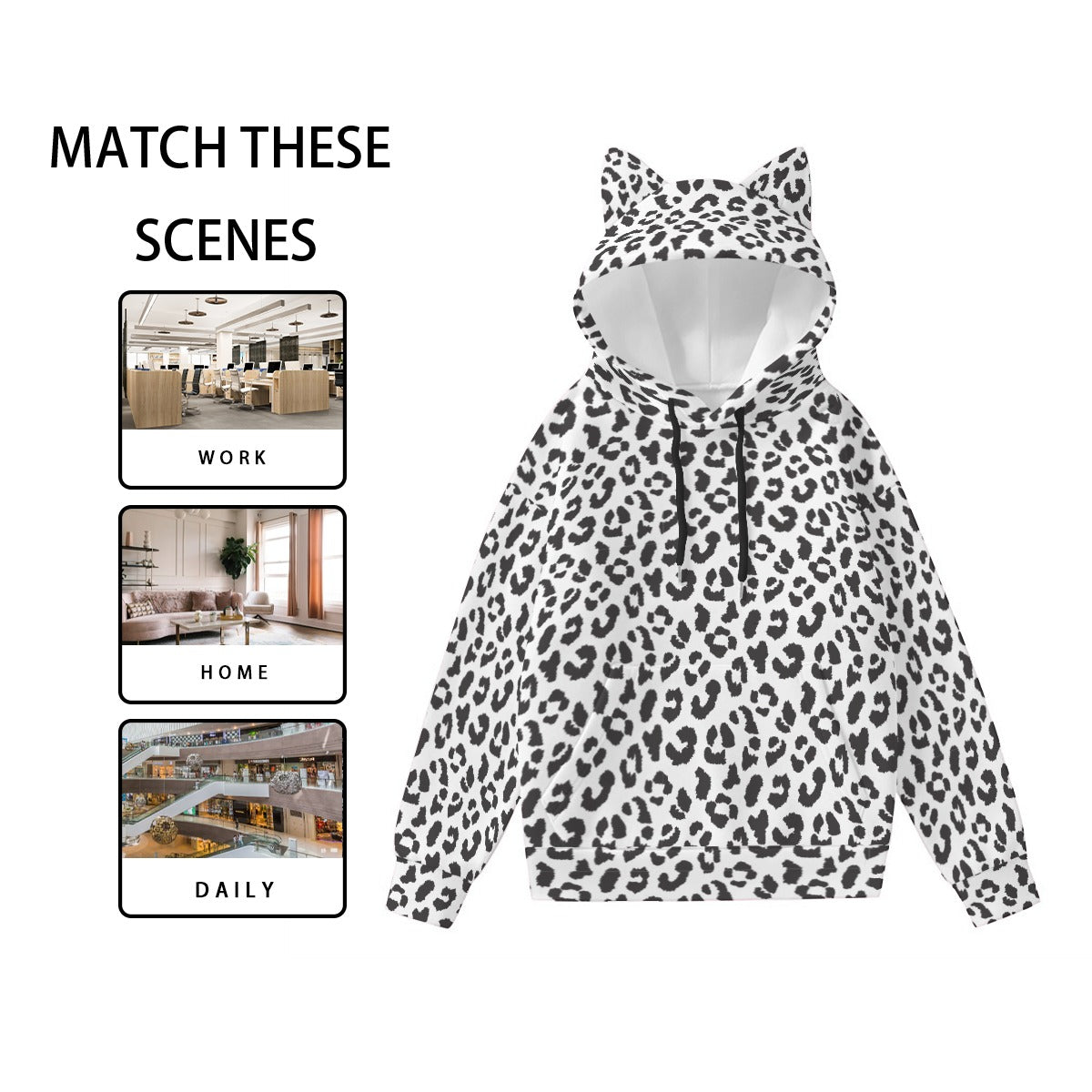 Leopard Hoodie With Cat's Ears | Black and White