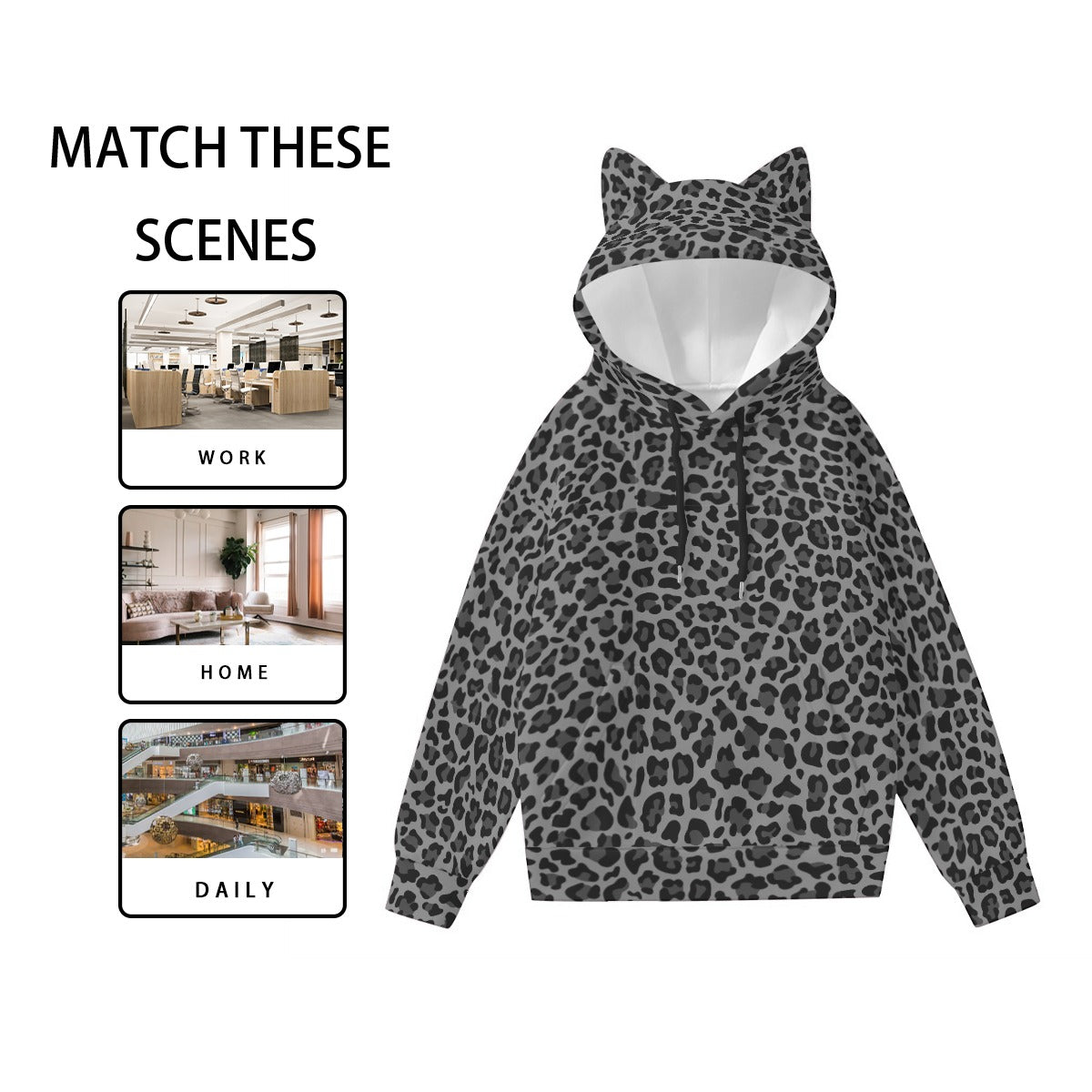 Leopard Hoodie With Cat's Ears | Gray and Black