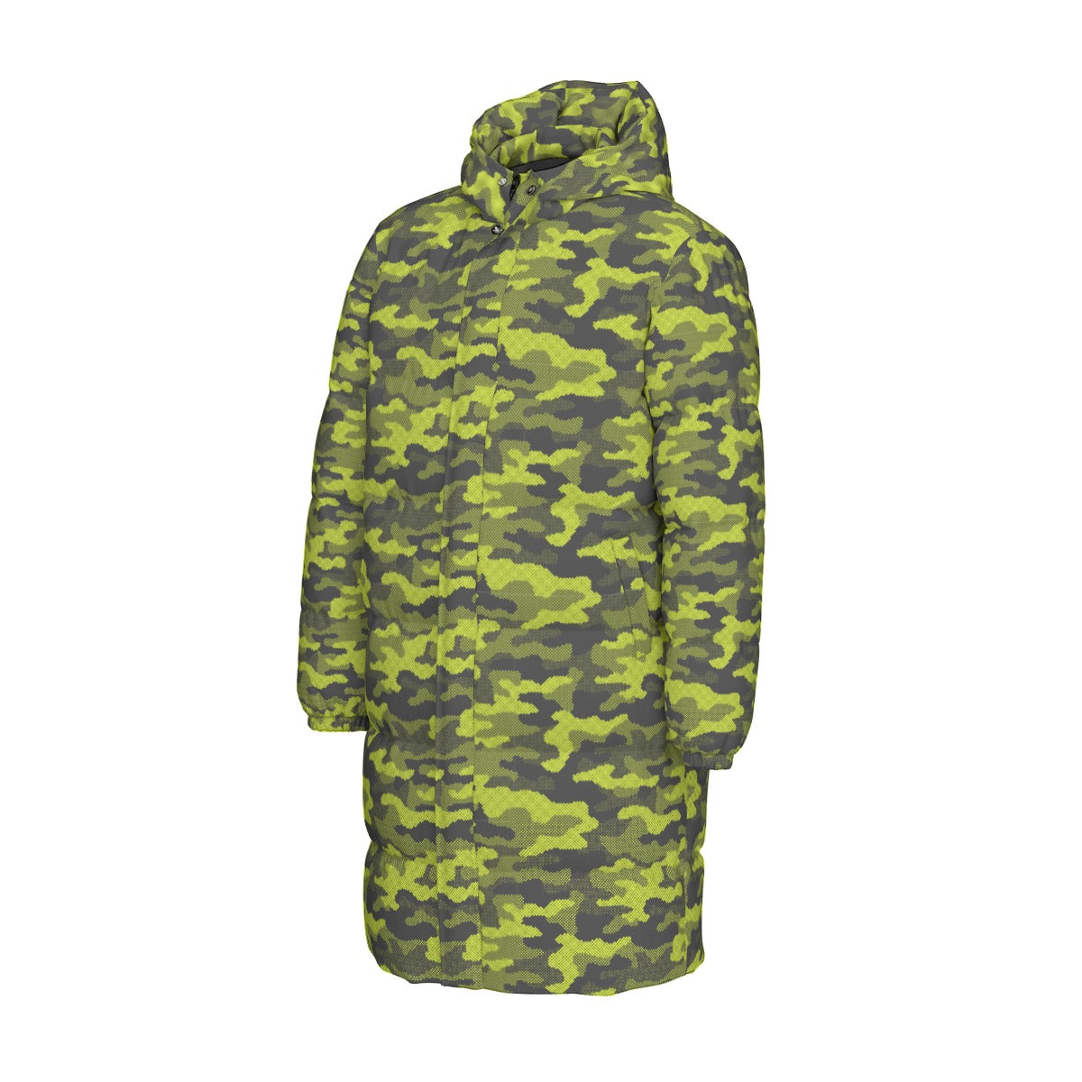 Long Puffer Coat | Unisex | Green Dotted Camouflage