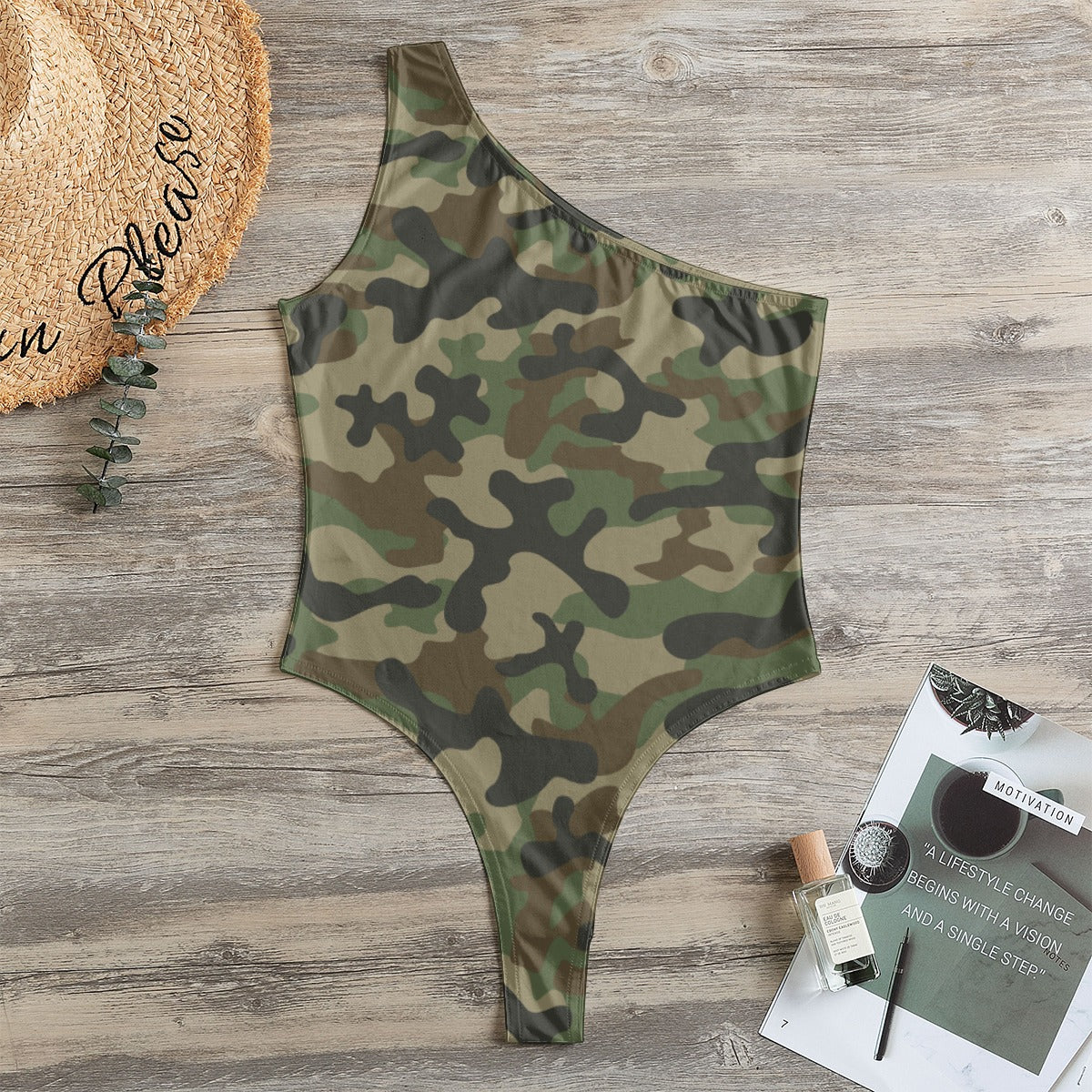 One-Shoulder Bodysuit | Military Brown Camouflage