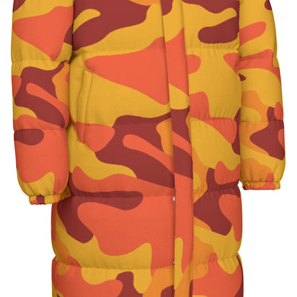 Long Puffer Coat | Unisex | Orange & Red Camouflage