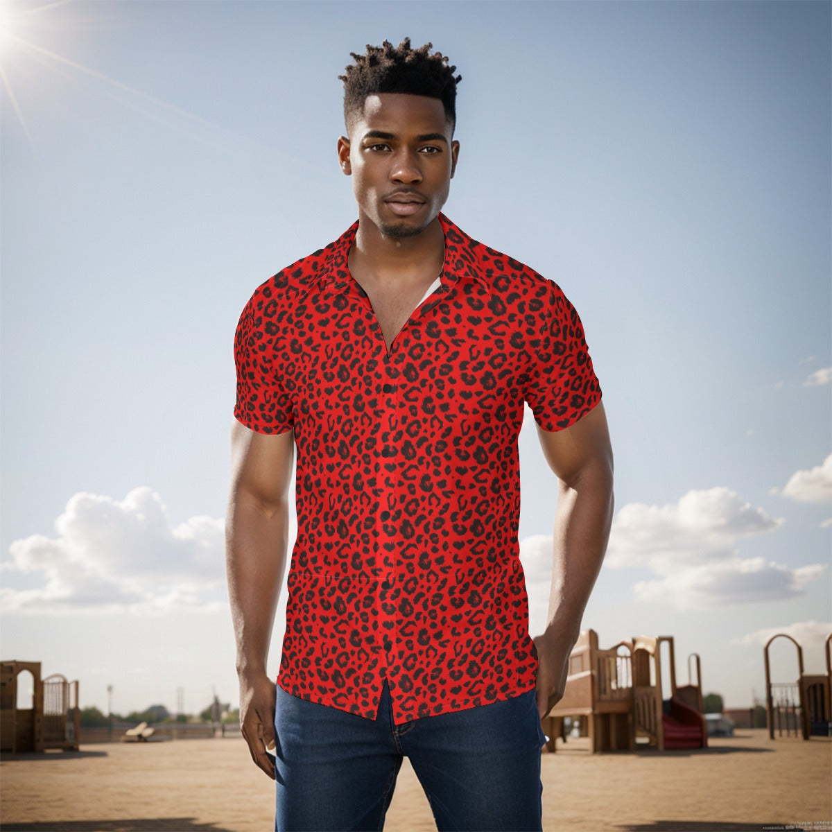 Men s Button Up Shirt with Red Black Leopard Print