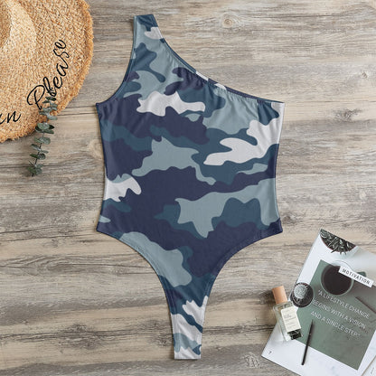 One-Shoulder Bodysuit | Navy Blue Camouflage