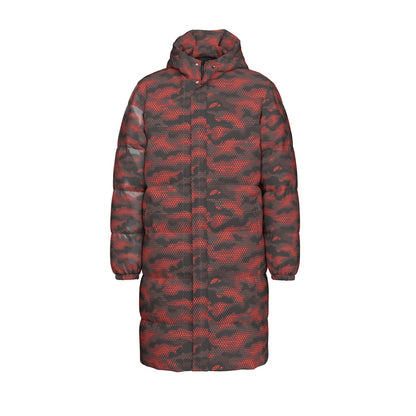 Long Puffer Coat | Unisex | Red Hive Camouflage