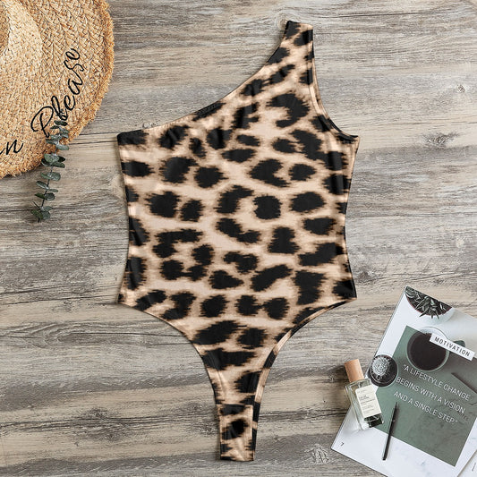 Cheetah Print One-Shoulder Bodysuit | Classic Brown