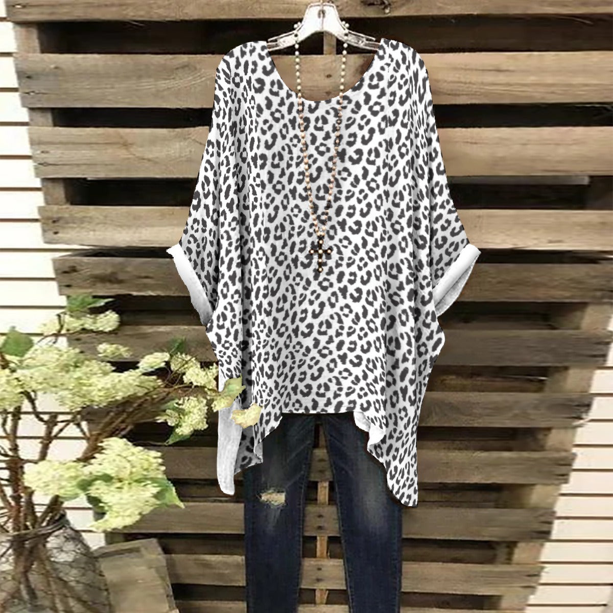 Bat Sleeve Shirt | Black and White Leopard Print