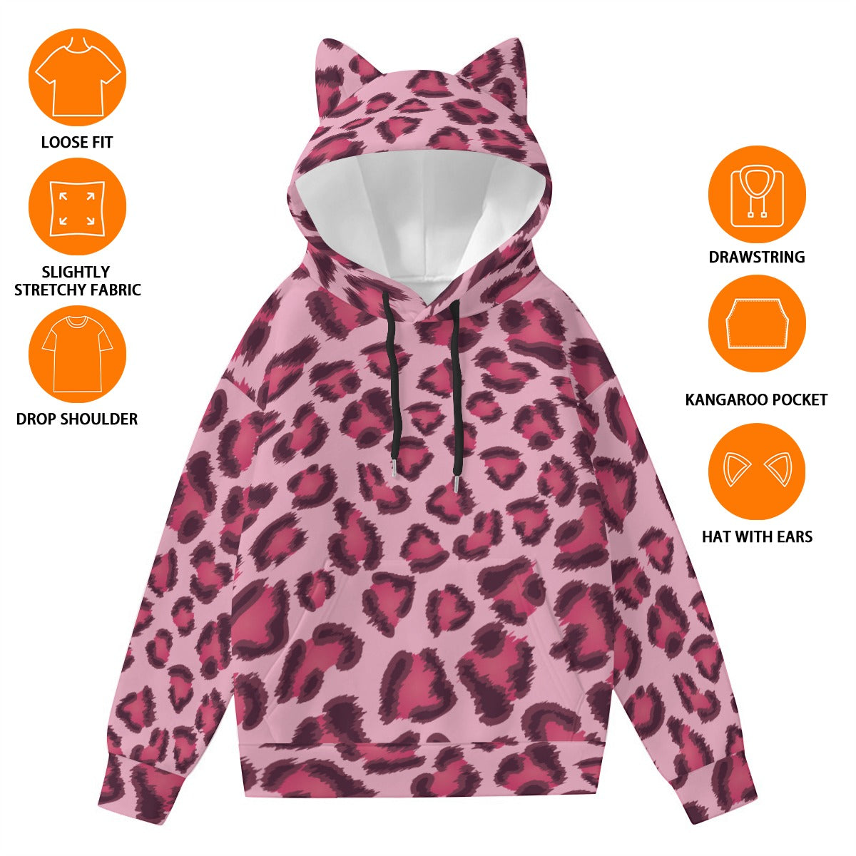 Leopard Hoodie With Cat's Ears | Pink, Cherry and Black