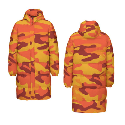 Long Puffer Coat | Unisex | Orange & Red Camouflage