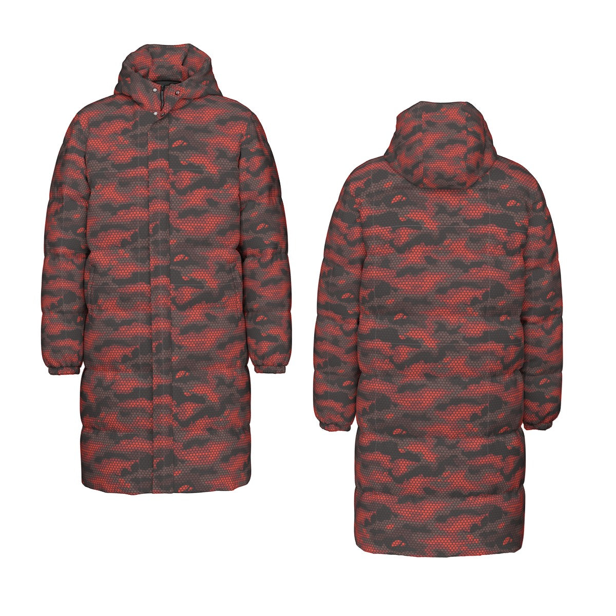 Long Puffer Coat | Unisex | Red Hive Camouflage