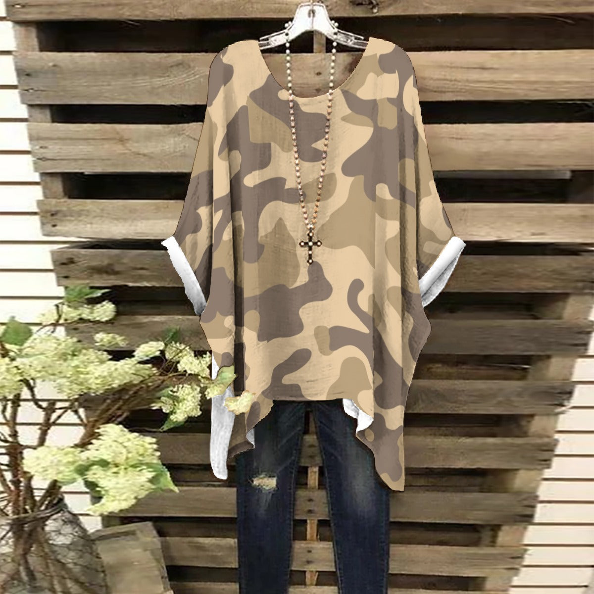 Bat Sleeve Shirt | Khaki Camo Print