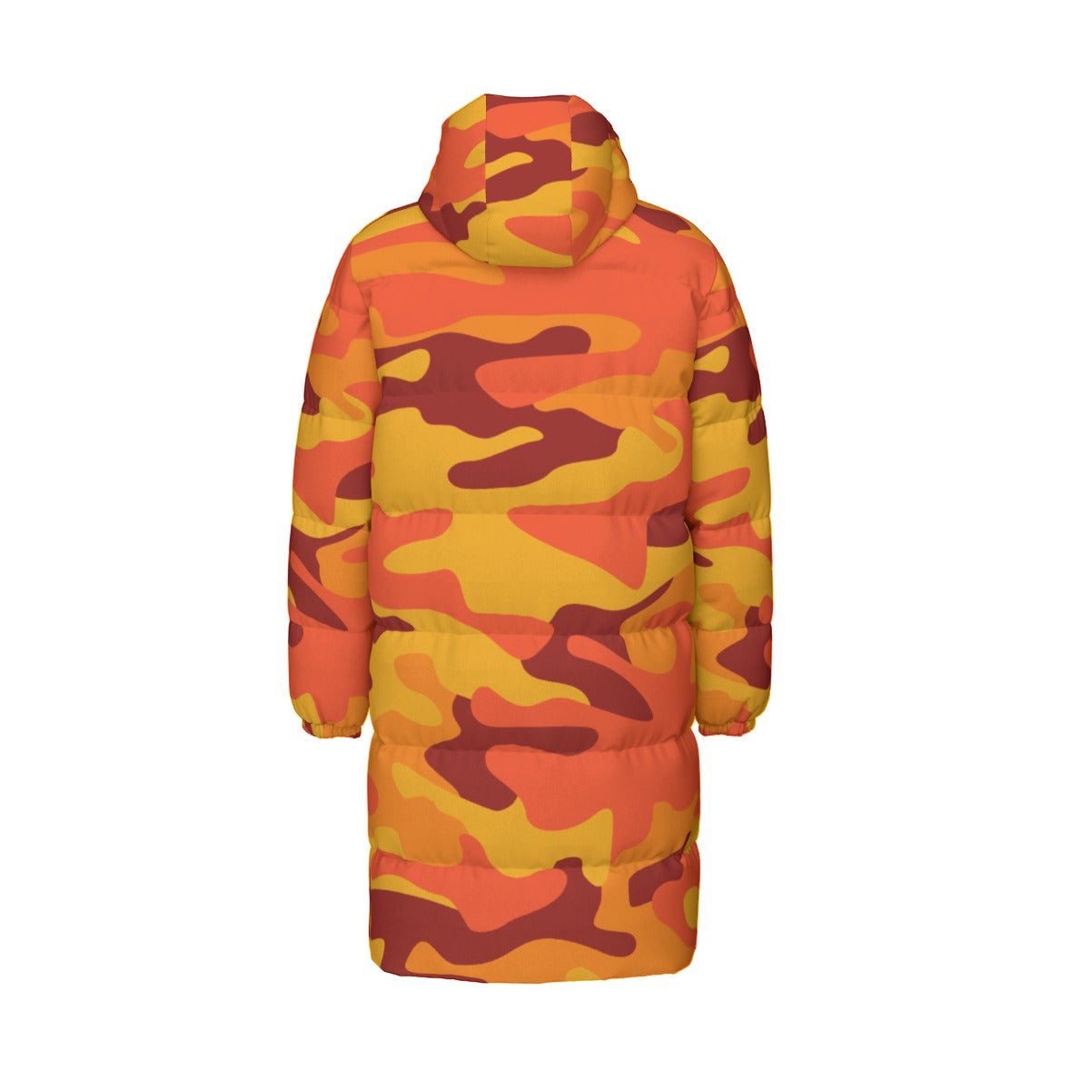 Long Puffer Coat | Unisex | Orange & Red Camouflage