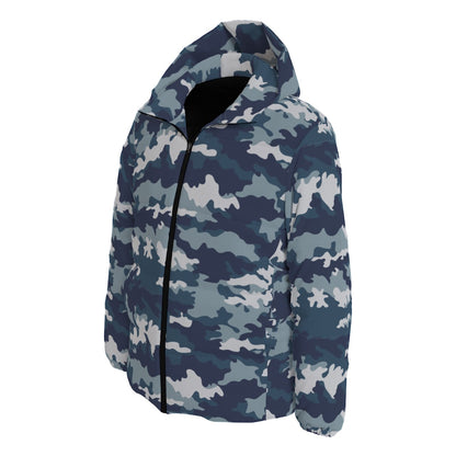 Camo Down Jacket | MIlitary Camouflage Puffer in Blue & Gray