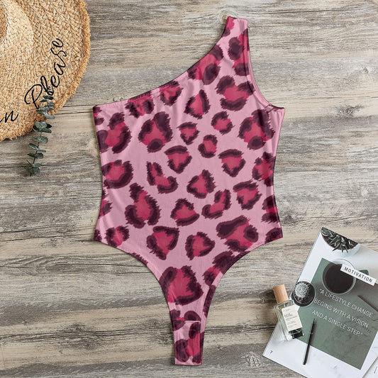 One-Shoulder Bodysuit | Leopard Print in Pink, Cherry and Black