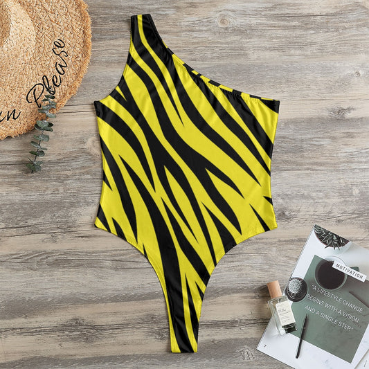 One-Shoulder Bodysuit | Zebra Print in Yellow and Black