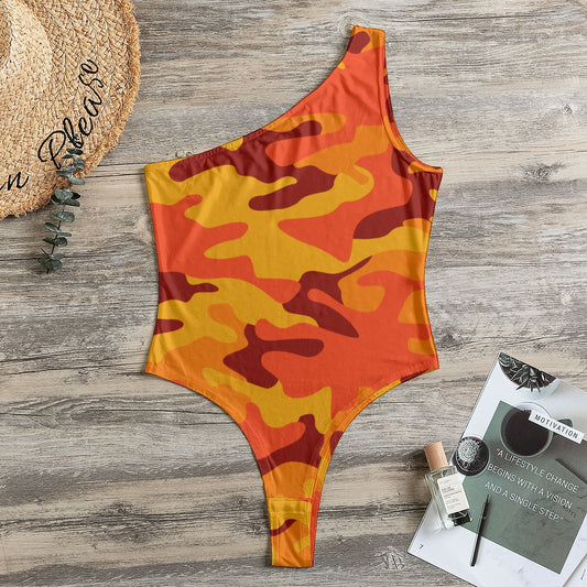 One-Shoulder Bodysuit | Orange & Red Camouflage