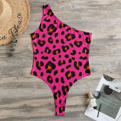 Leopard One-Shoulder Bodysuit | Cerise Pink, Orange & Black