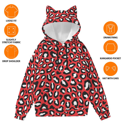 Leopard Hoodie With Cat's Ears | Red, Black and White