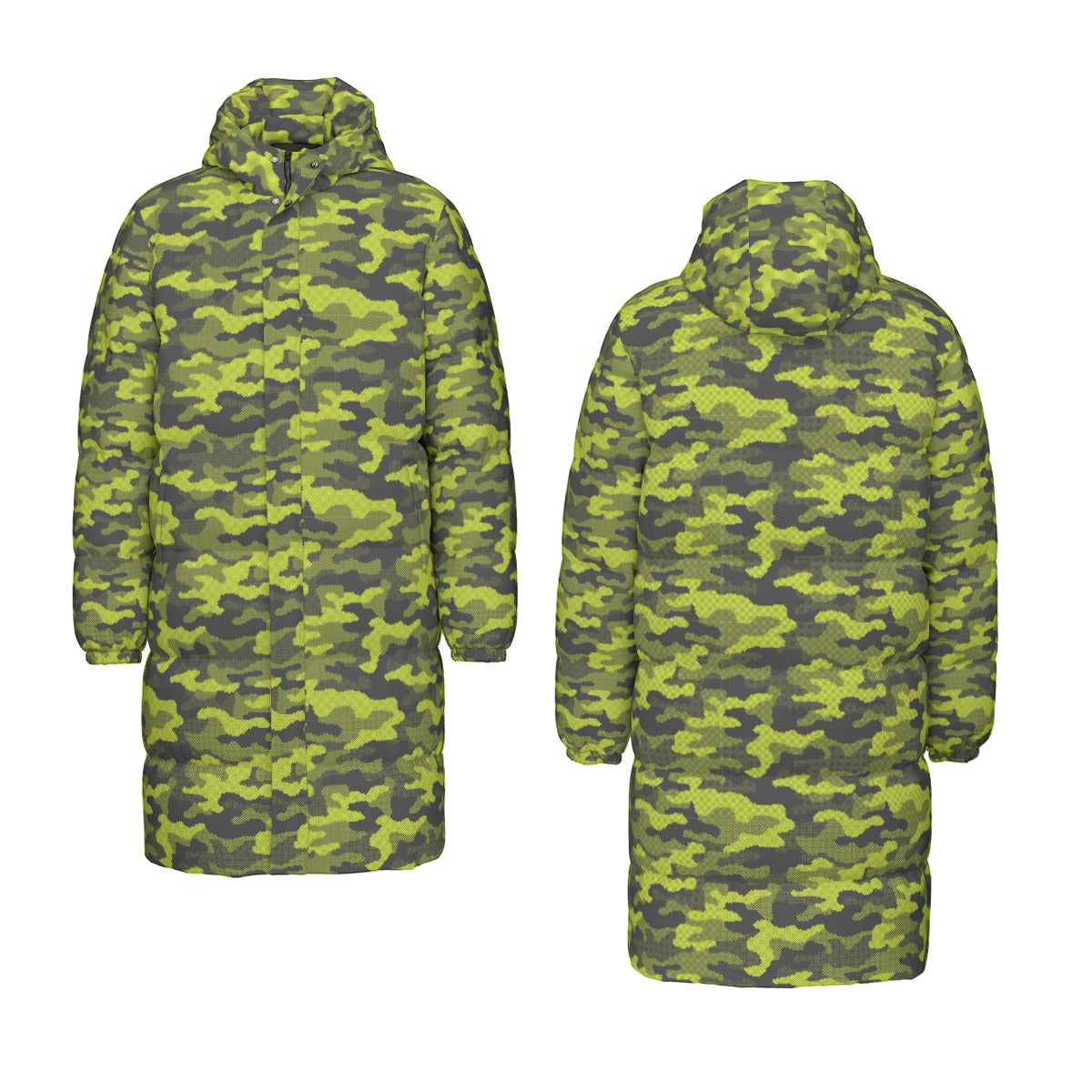 Long Puffer Coat | Unisex | Green Dotted Camouflage