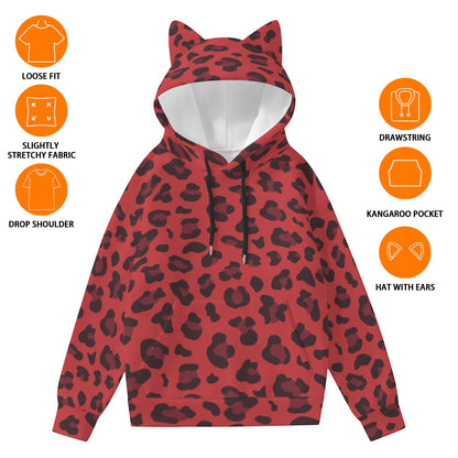 Leopard Hoodie With Cat's Ears | Red and Black