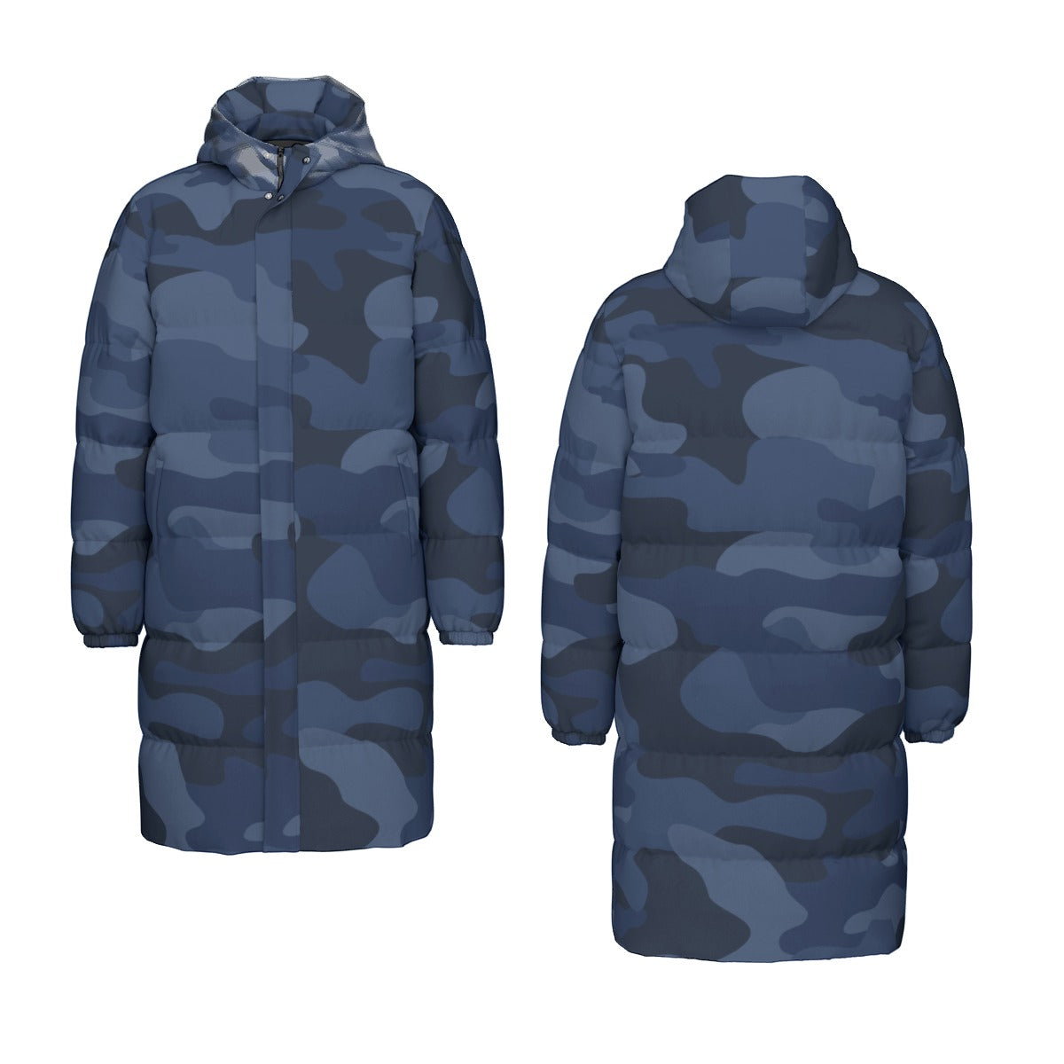 Long Puffer Coat | Unisex | Deep Blue Camouflage