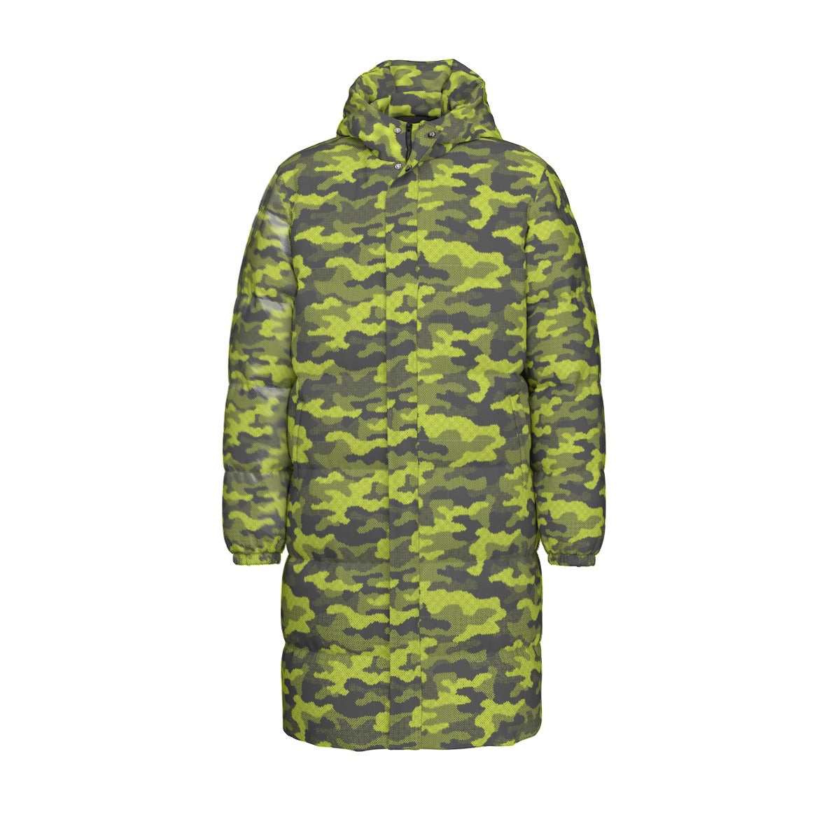 Long Puffer Coat | Unisex | Green Dotted Camouflage