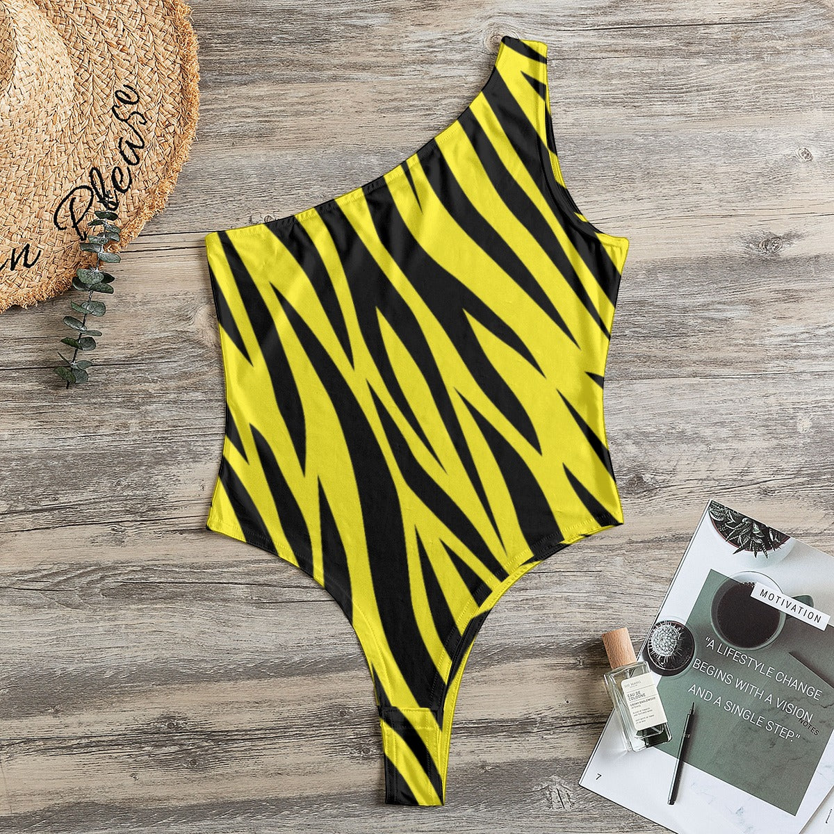 One-Shoulder Bodysuit | Zebra Print in Yellow and Black