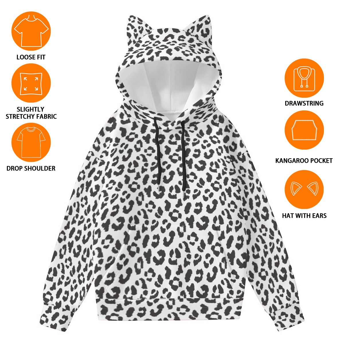 Leopard Hoodie With Cat's Ears | Black and White