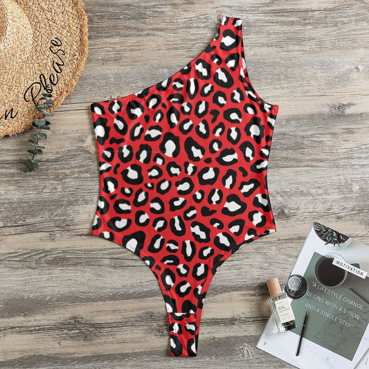 One-Shoulder Bodysuit | Leopard Print in Red, Black and White