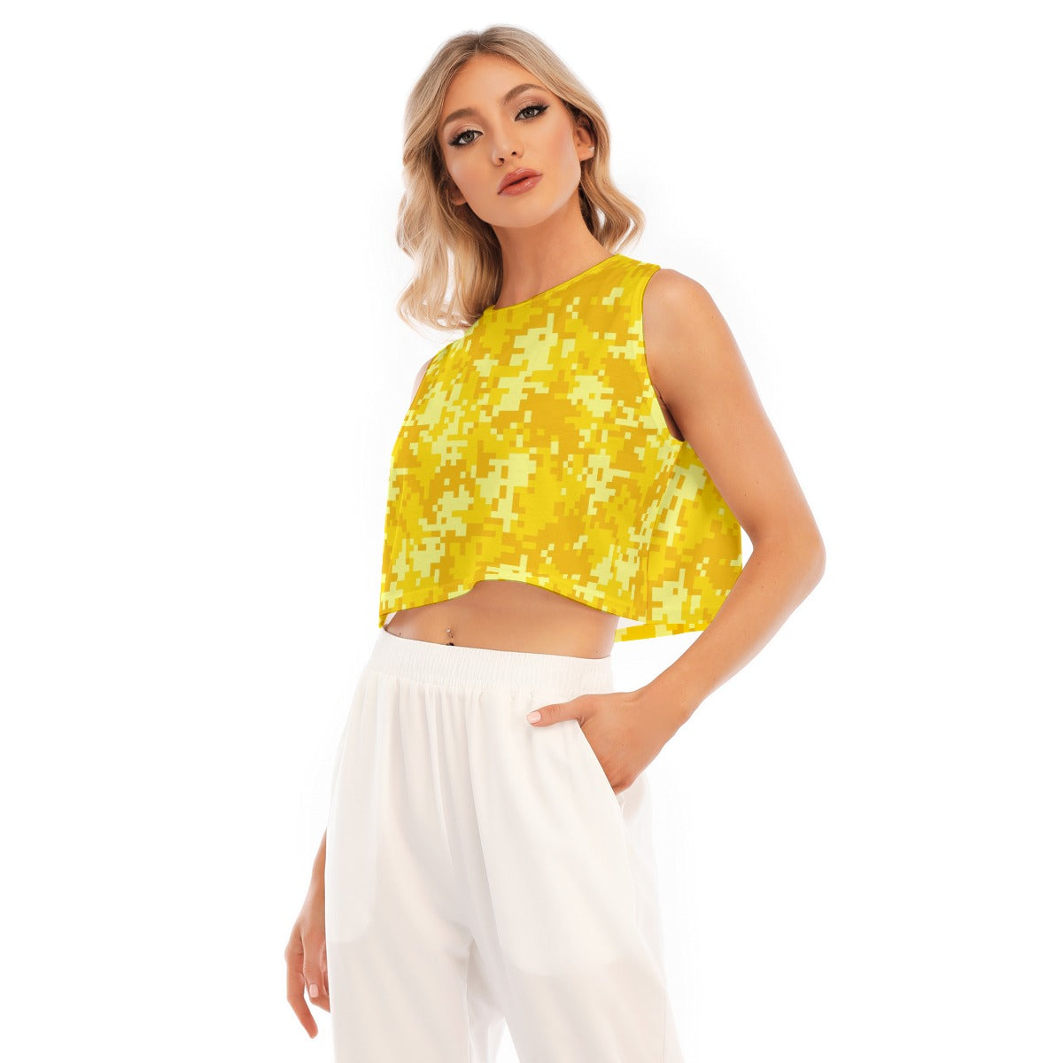 Sleeveless Crop Top | Yellow Pixel Camo