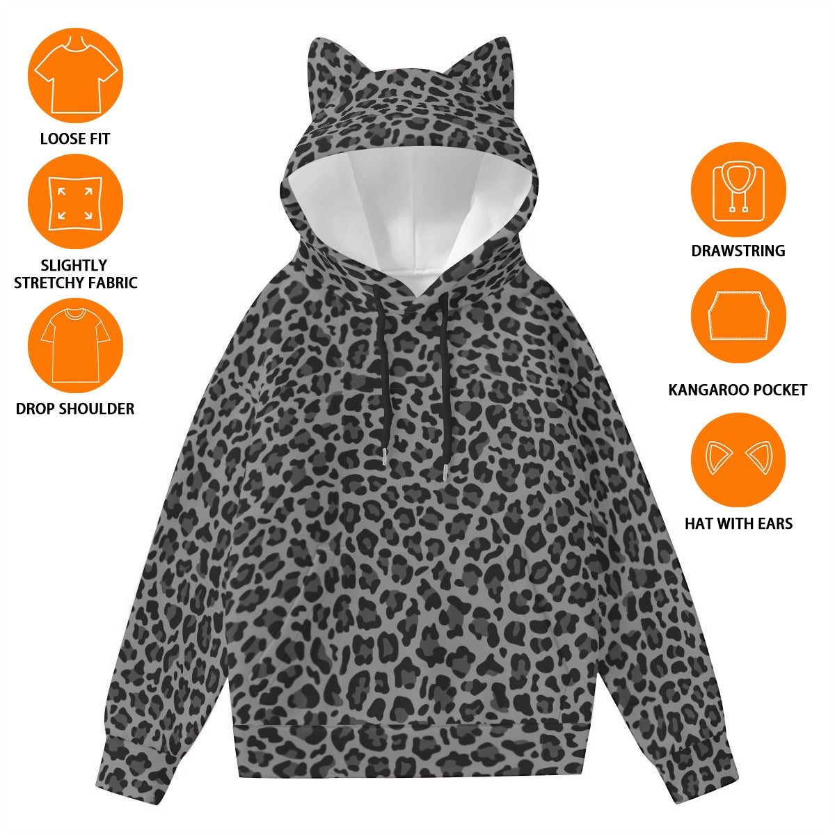 Leopard Hoodie With Cat's Ears | Gray and Black